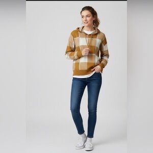 RACHEL ROY Sweater Womens KNIT Pullover Hoodie Blue Tan White Pla…